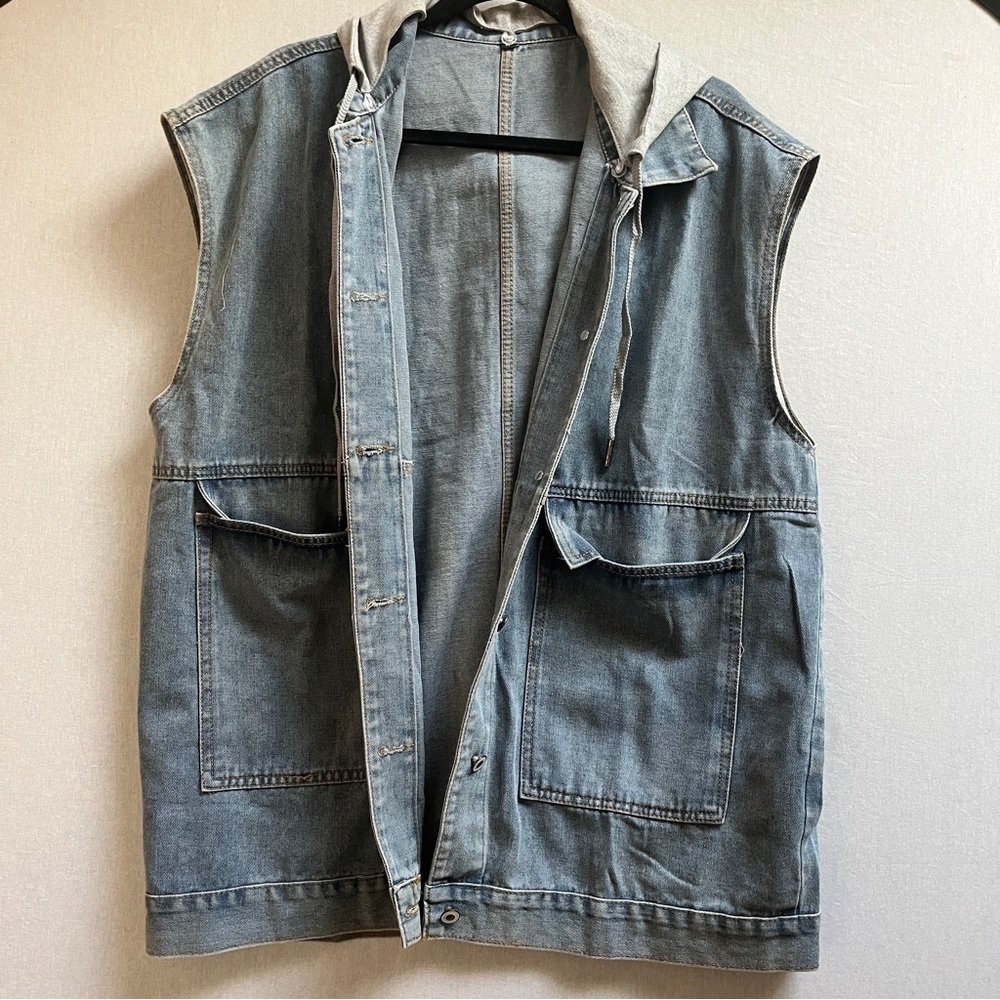 Oversized Light Wash Denim Vest Detachable Gray Hood M - Picture 2 of 8